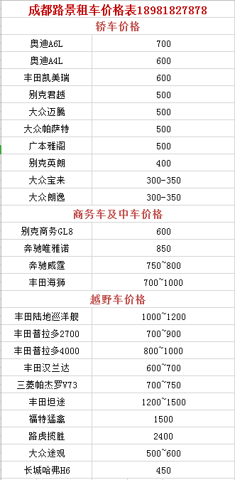 成都汽車租賃報價表